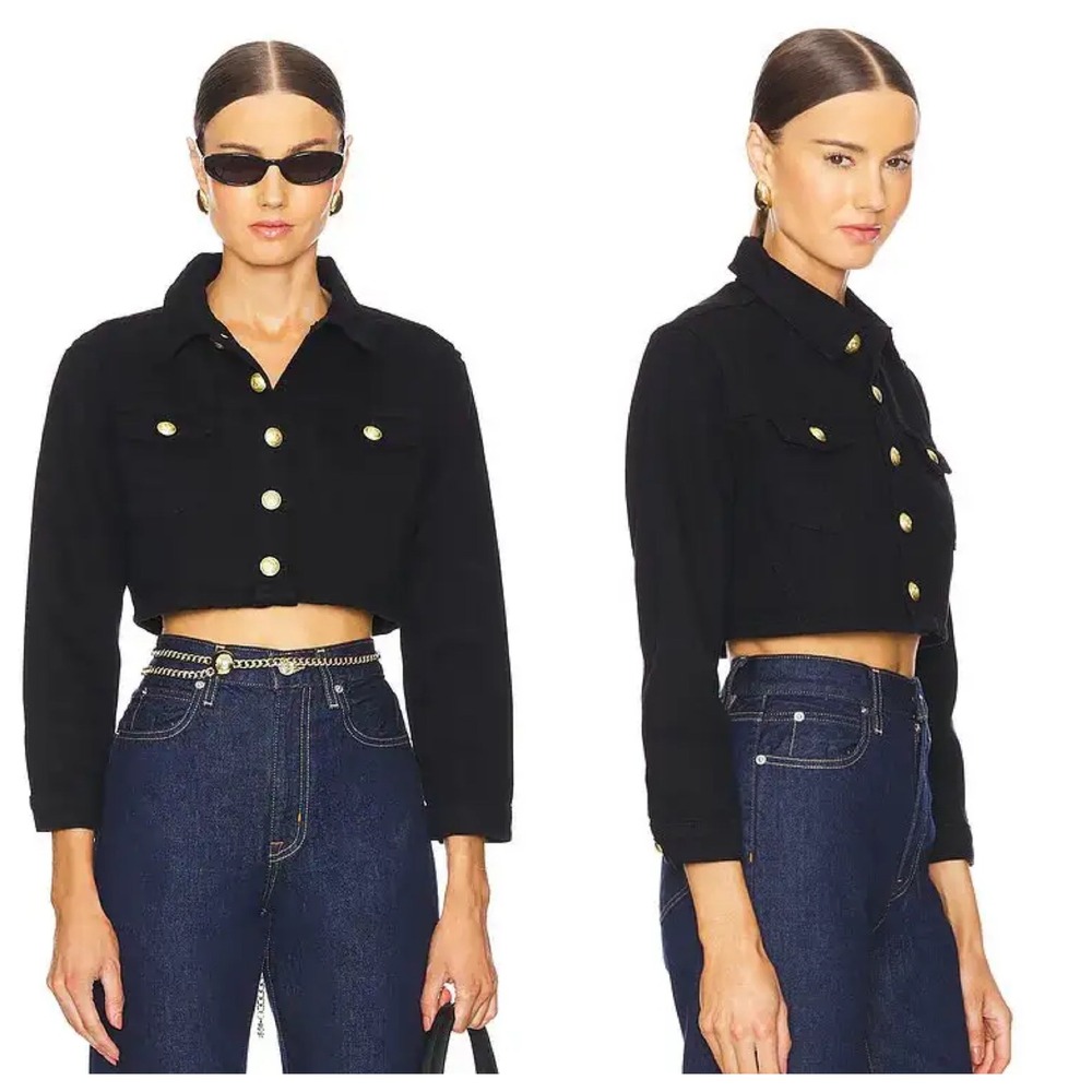 L'AGENCE Genevie Cropped Jacket Black Denim Gold Crest Button Noir XS